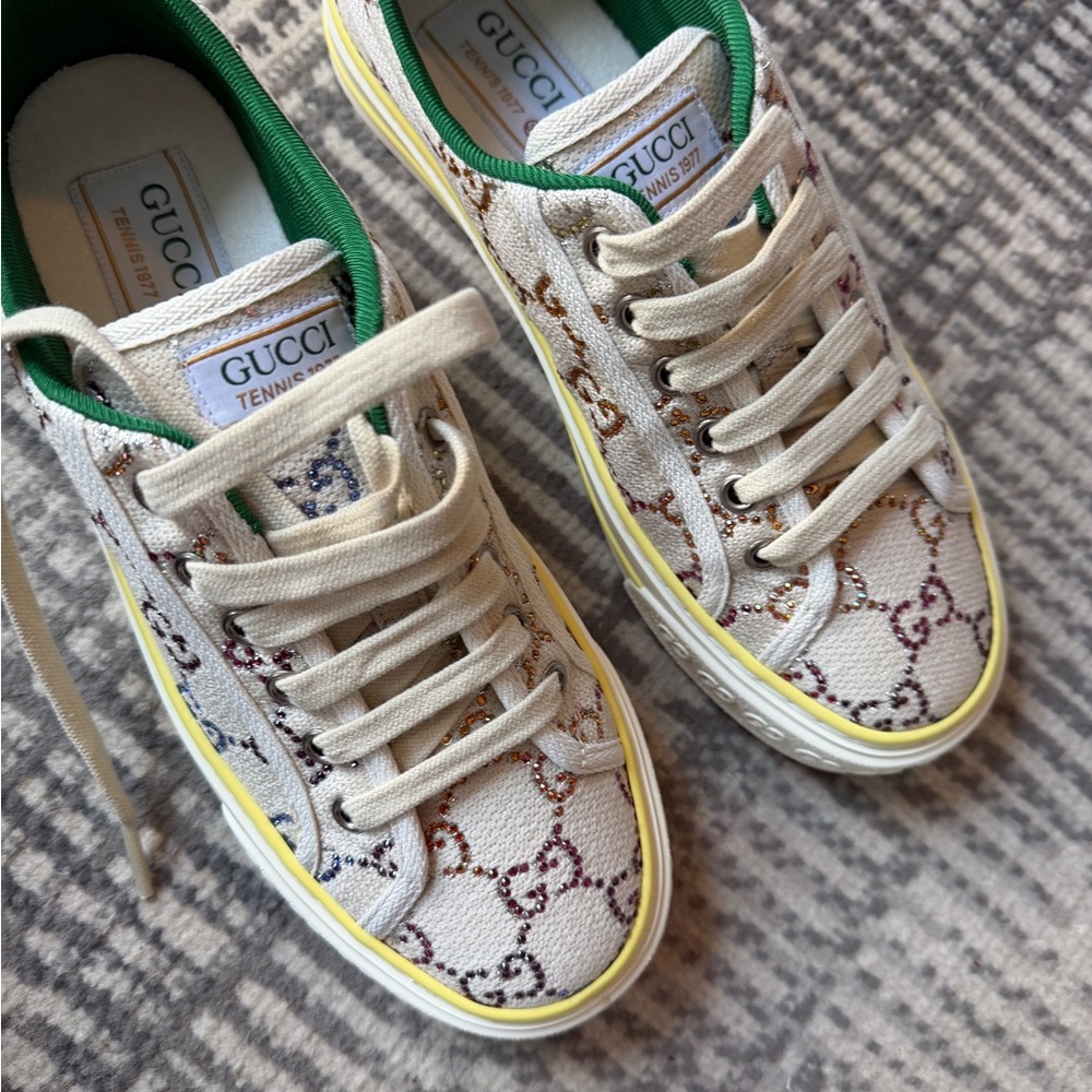 Gucci Beige and Yellow Canvas Sneakers